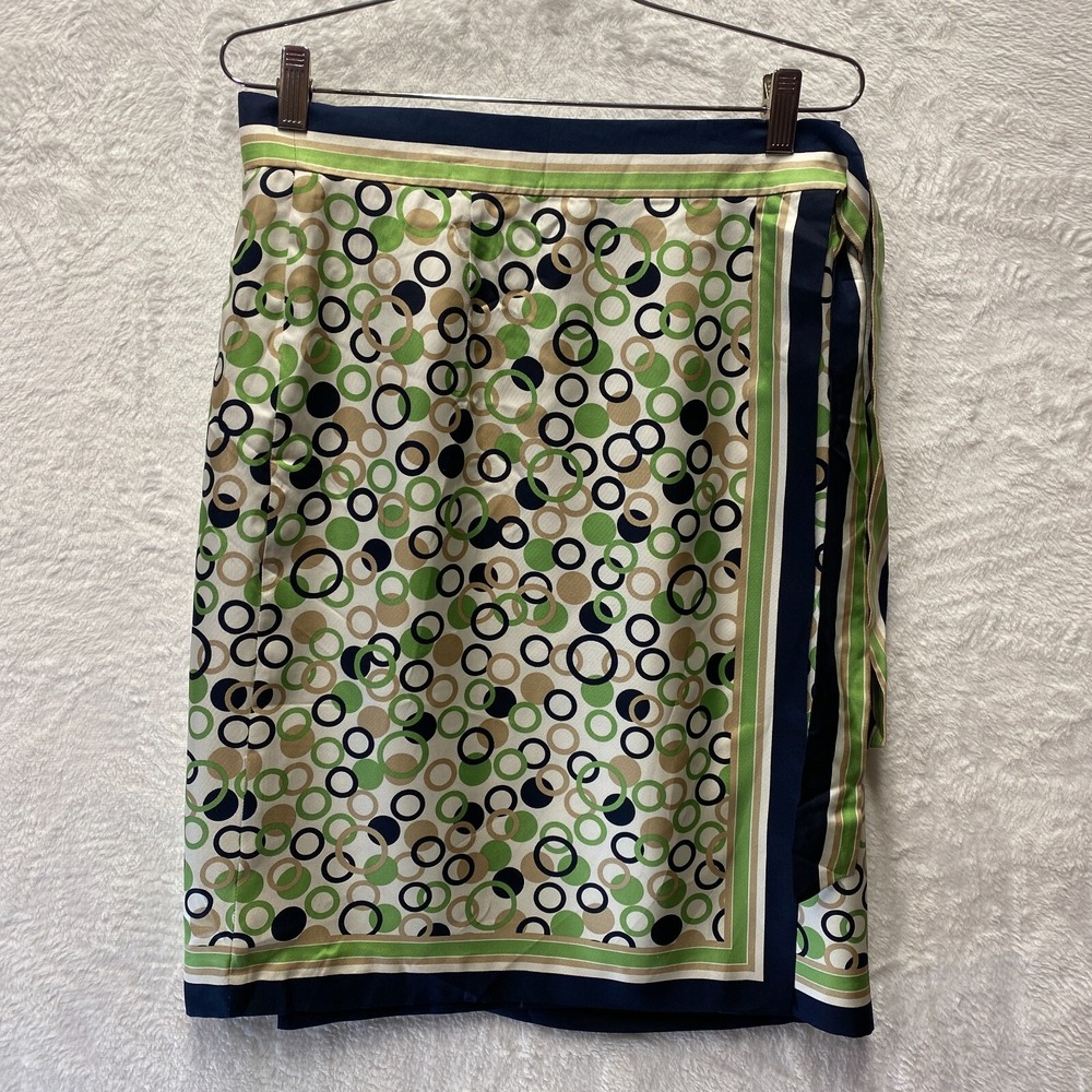 Talbots Pure Silk Wrap Skirt Sz 6 Green Geo Print Side Tie Career Party Event